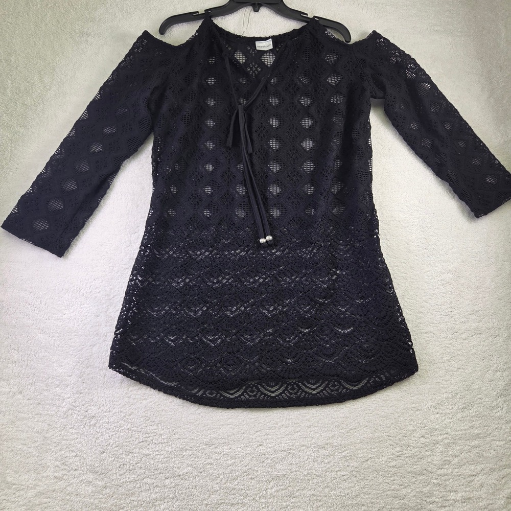 Wearabouts Black Lace Cold Shoulder Tunic Top Crochet Swim Coverup Rose Beads